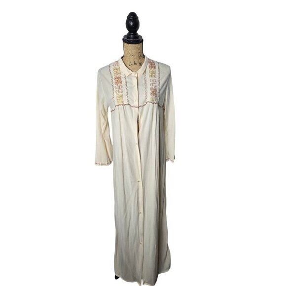 Vintage 70s Cream Boho Prairie Night Gown House Dress Bell Sleeve - Picture 1 of 14